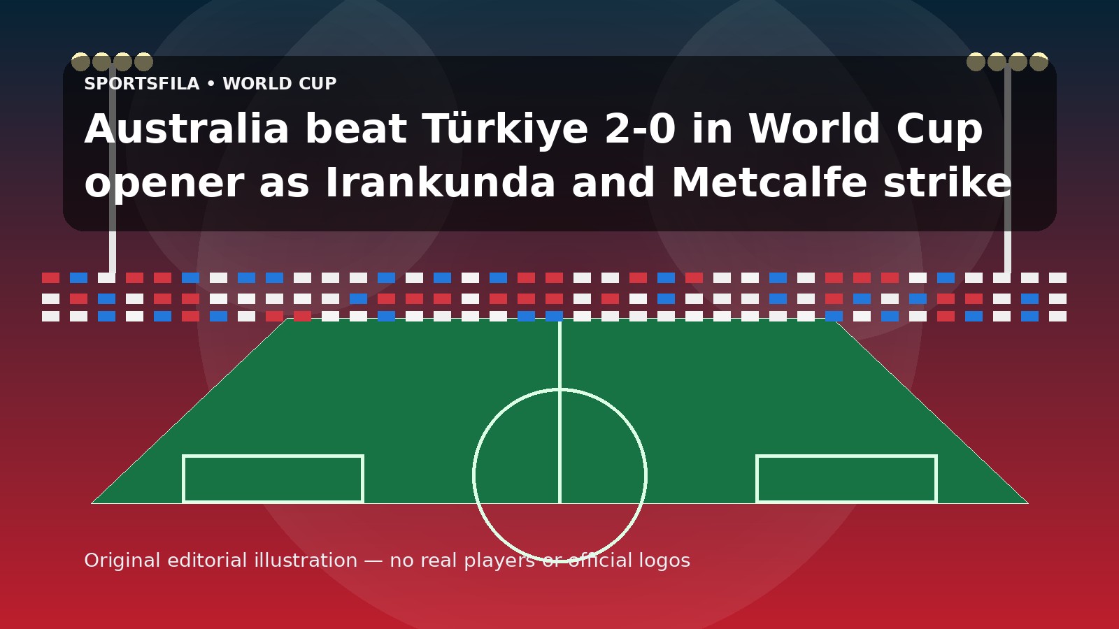 Editorial illustration for Sportsfila article: Australia beat Türkiye 2-0 in World Cup opener as Irankunda and Metcalfe strike
