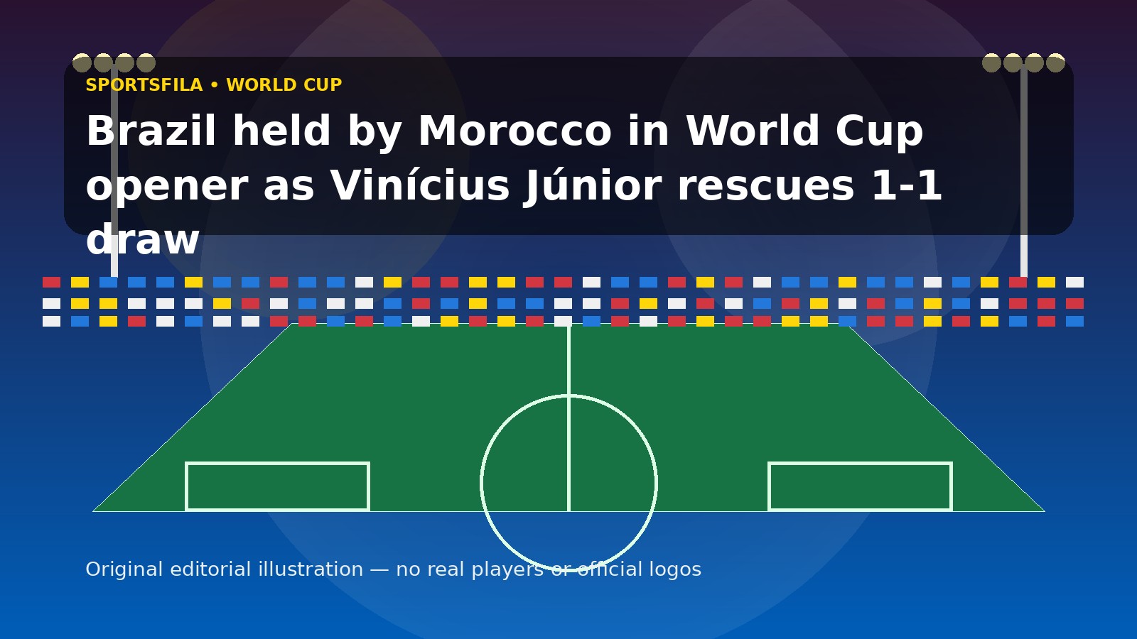 Editorial illustration for Sportsfila article: Brazil held by Morocco in World Cup opener as Vinícius Júnior rescues 1-1 draw