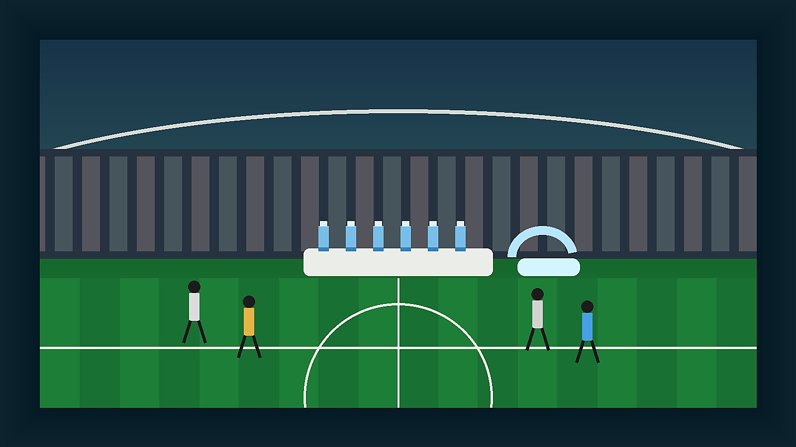 Original Sportsfila editorial illustration of a soccer stadium hydration break with water bottles and cooling towels