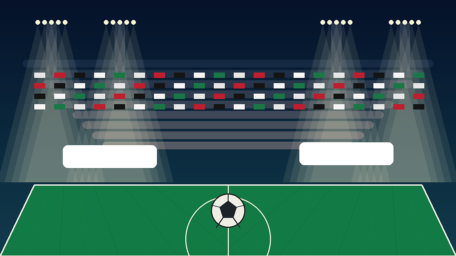 Original Sportsfila editorial illustration for Iran vs New Zealand World Cup match preview, showing a generic soccer stadium and pitch with no logos or real players.