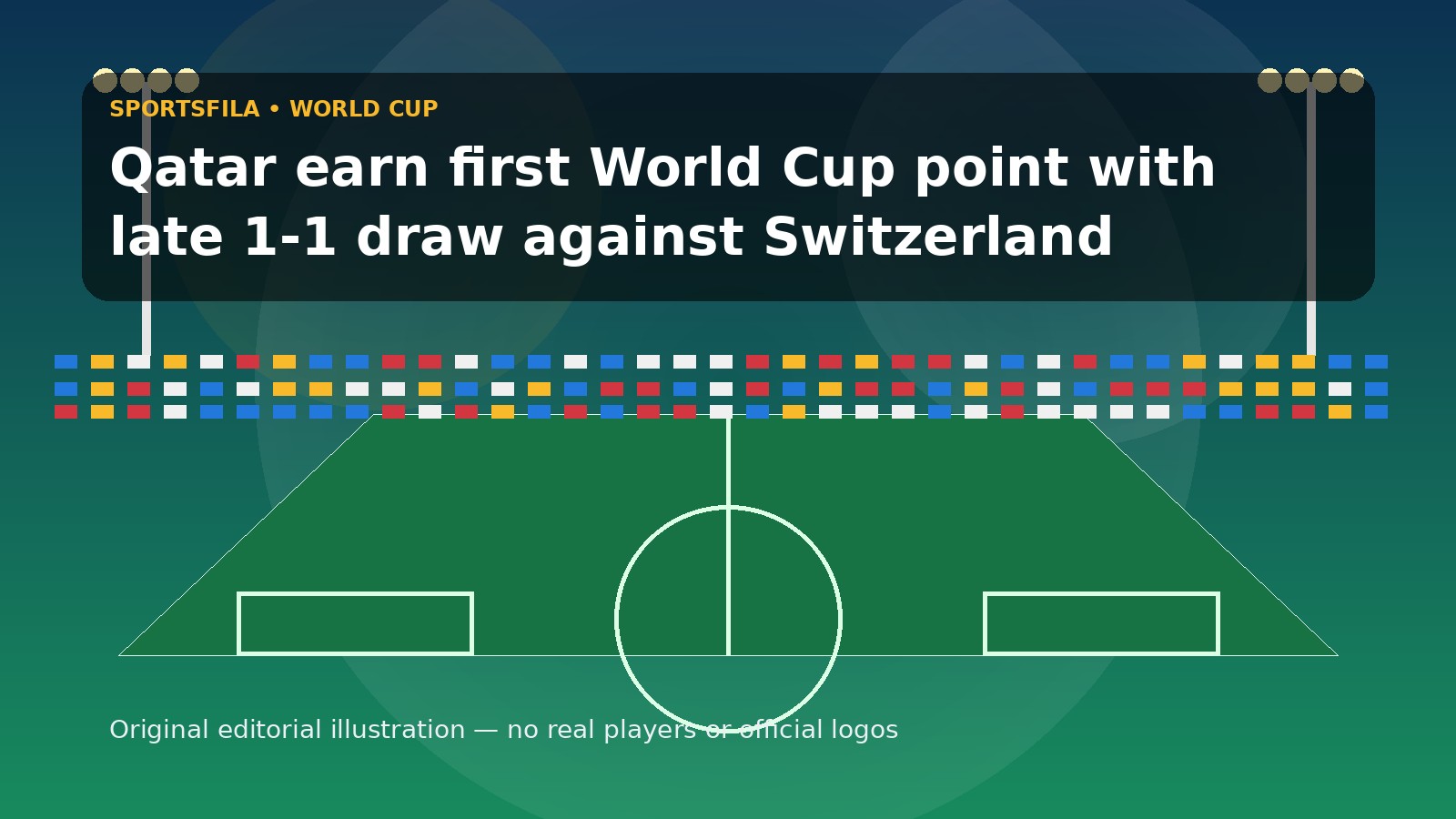 Editorial illustration for Sportsfila article: Qatar earn first World Cup point with late 1-1 draw against Switzerland