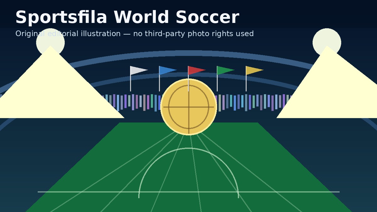 Original Sportsfila editorial illustration of a generic world soccer stadium and ball, with no real players or official logos.