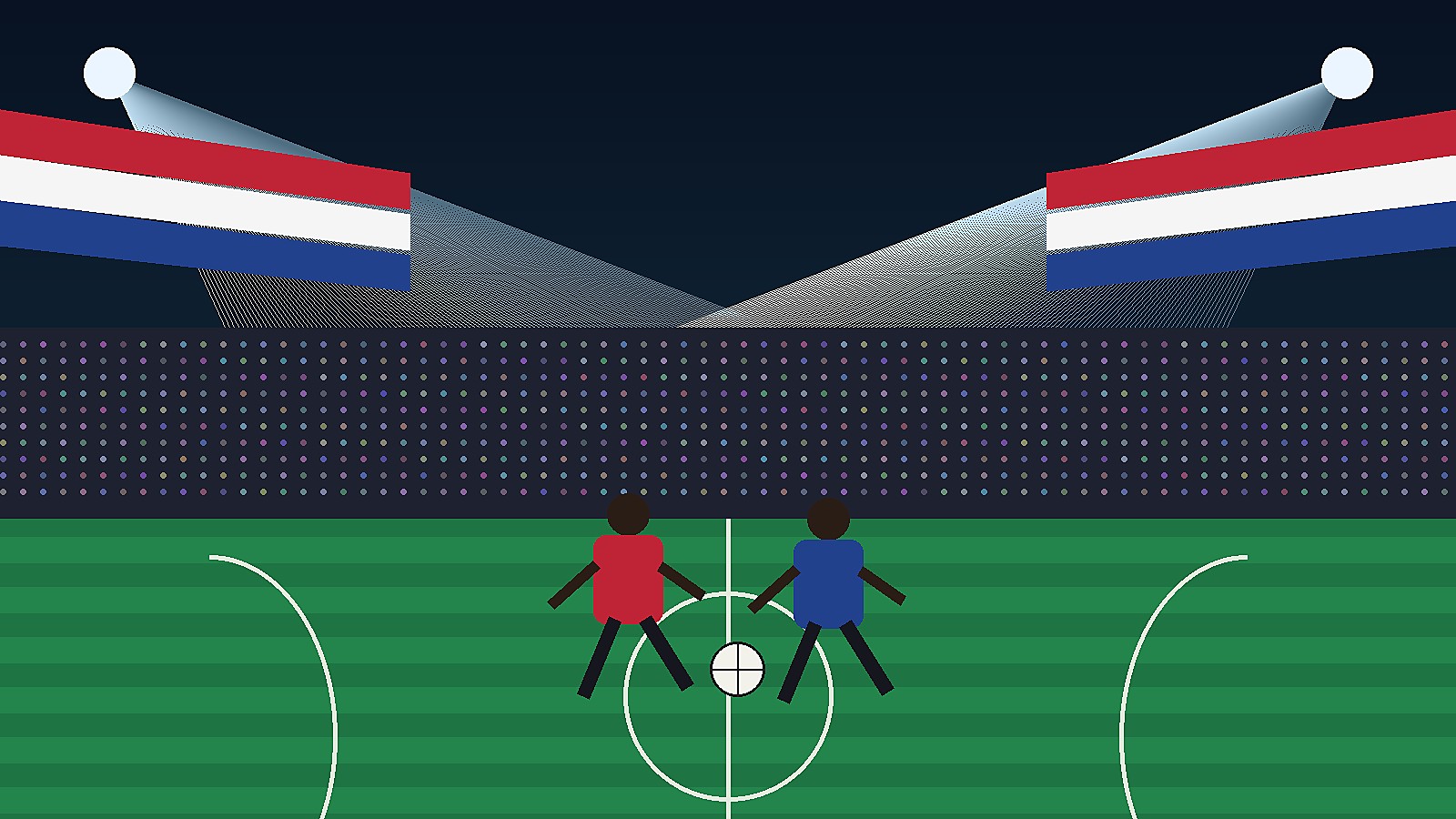 Original editorial illustration of a generic international soccer match for Sportsfila coverage of USA vs Paraguay.