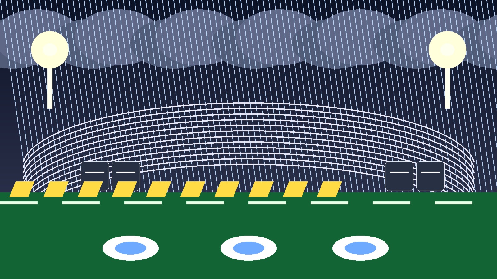 Original editorial illustration of a stadium under storm clouds and rain; no real players or logos.