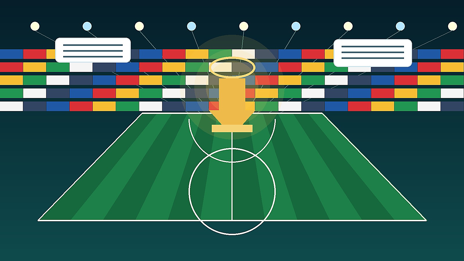 Original Sportsfila editorial illustration of a soccer stadium and World Cup-style news scene; no third-party photo rights used.