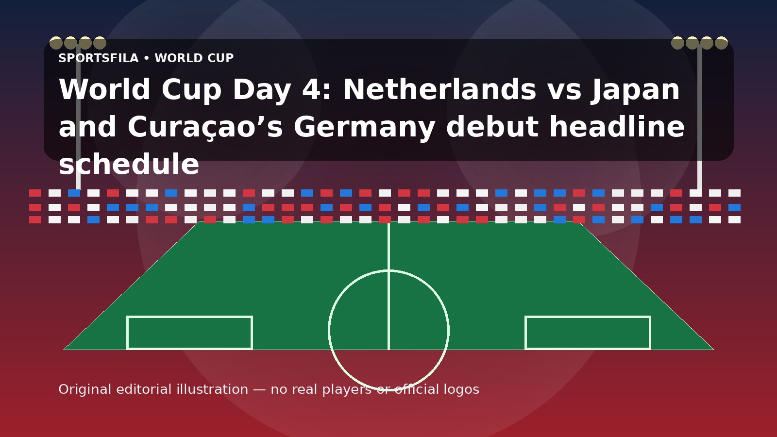 Editorial illustration for Sportsfila article: World Cup Day 4: Netherlands vs Japan and Curaçao’s Germany debut headline schedule