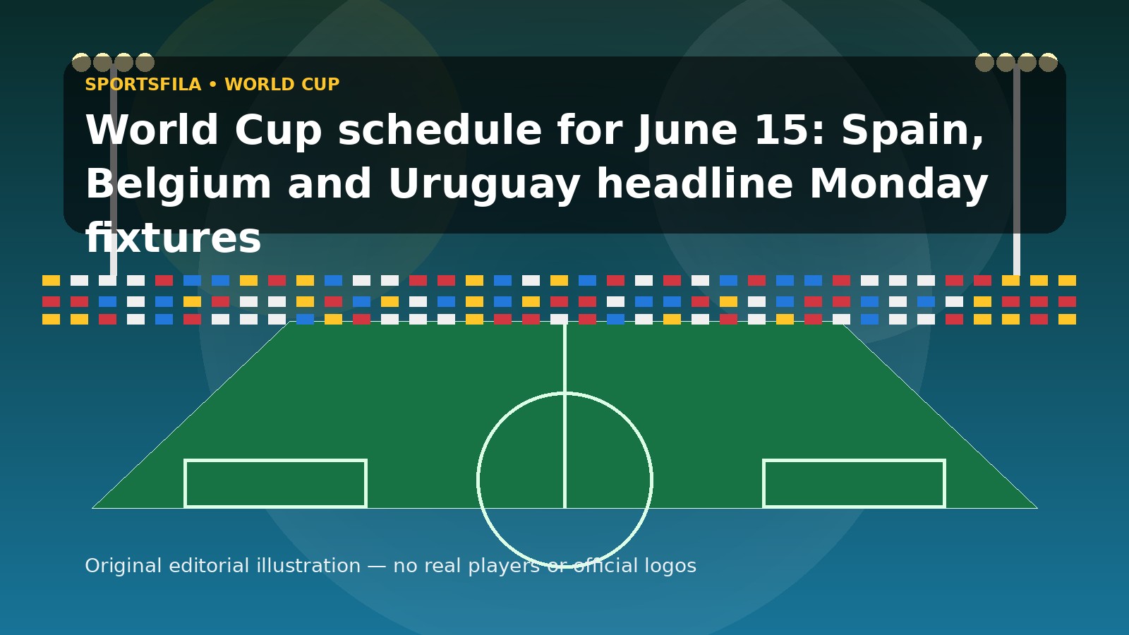Editorial illustration for Sportsfila article: World Cup schedule for June 15: Spain, Belgium and Uruguay headline Monday fixtures